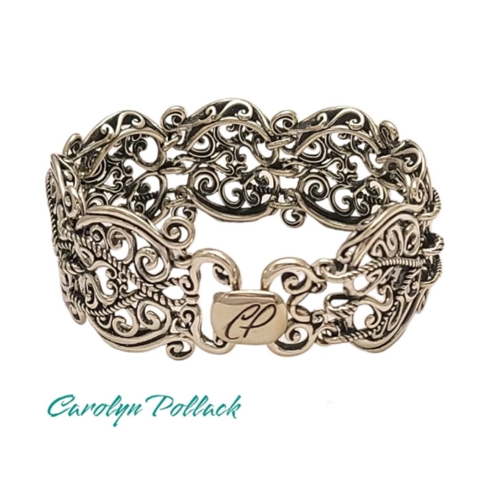 CAROLYN POLLACK Sterling Silver open swirl/scroll wide link vintage Bracelet